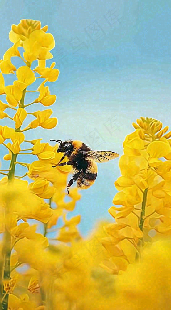 蓝天下蜜蜂在黄色花朵上，春天摄影图