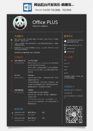网站后台开发简历-酷黑炫彩-应届-Word简历模板预览图