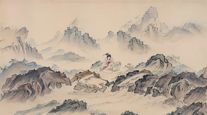 大气写意中国传统工笔画山水插画壁纸-山中女