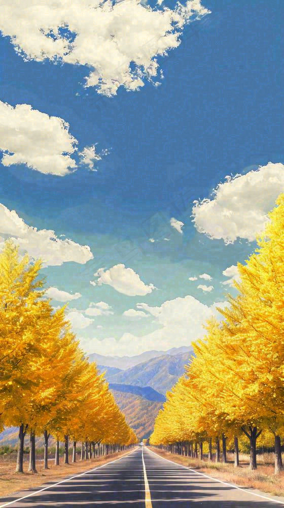 秋天蓝天白云下唯美公路旁的黄叶树木，秋分处暑摄影图