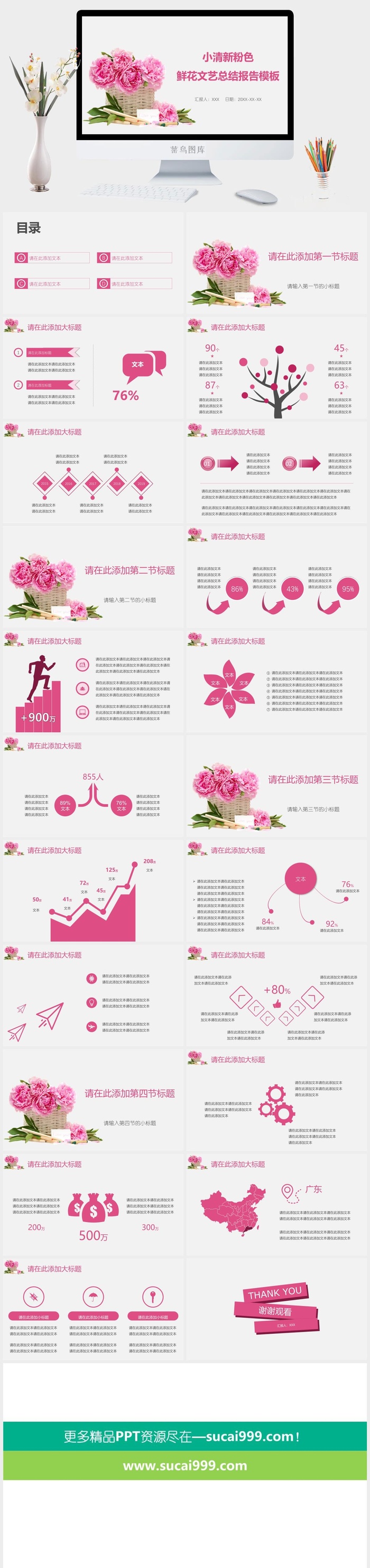 小清新粉色鲜花文艺总结报告模板