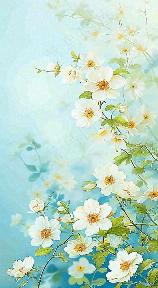 春天清新白色花朵温馨，蓝色朦胧，立春惊蛰春分摄影图