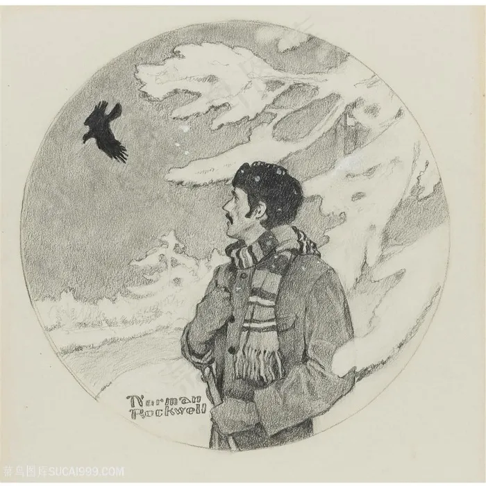 诺曼 · 洛克威尔手绘素描男士风景画