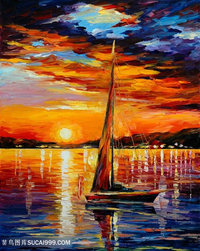 唯美湖畔晚霞水彩油画美景插画