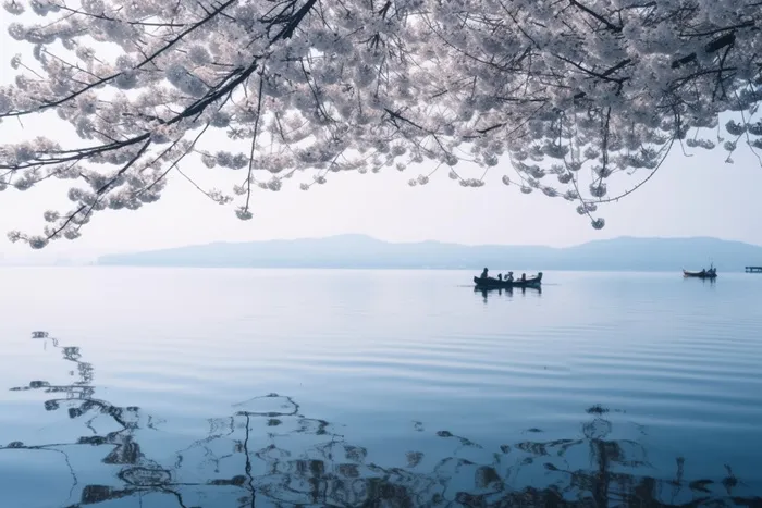 湖边的树开满了花朵，湖上有一艘船摄影图桌面壁纸