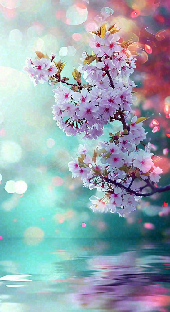 春天枝条上开满花朵，春分摄影图