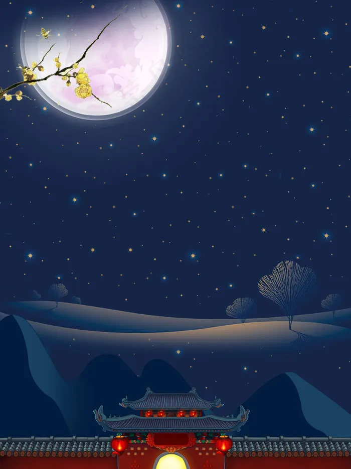 蓝色冷调背景冬夜圆月雪景图