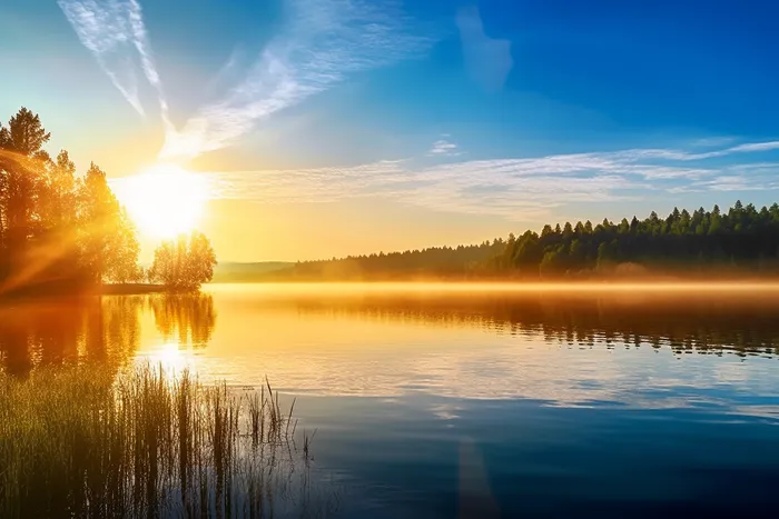 阳光明媚的一天，夏天的早晨，平静的湖面太阳落在平静的湖面上摄影图