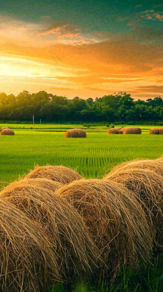 春天落日温馨稻草水稻农田种植，小满芒种摄影图