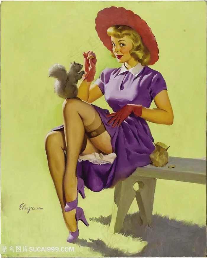 紫色衣服美女喂松鼠艺术画