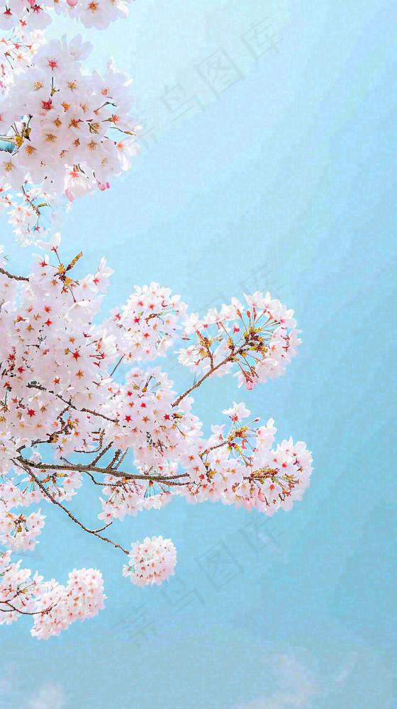 春天开满花朵的树冠仰拍蓝色天空，立春，春分摄影图