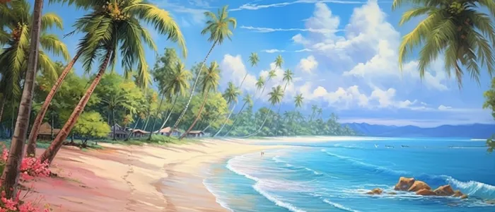 沙滩碧蓝的海水和棕榈树天蓝色和白色的风格色彩丰富迷人的境界晒太阳大师