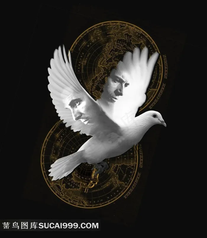 白鸽翅膀上的魔术师面孔电影海报