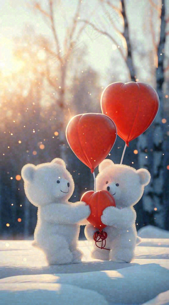 冬天雪地可爱小熊爱情情侣温馨，情人节520爱心摄影图