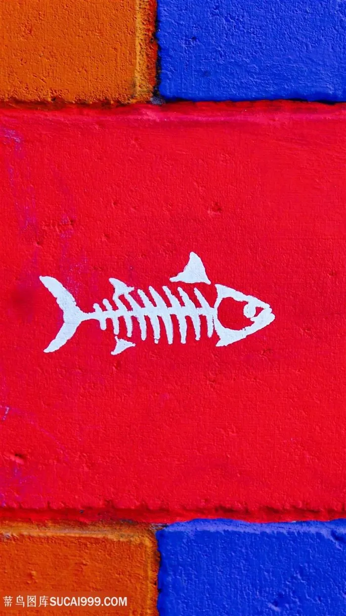 高清手机背景壁纸创意鲜艳亮红色墙壁刺鱼涂鸦图片