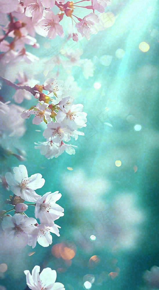 春天枝条上开满花朵，春分摄影图