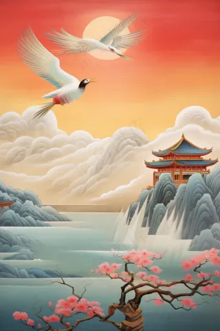 古风插画鹤鸟阁楼凉亭假山插画素材