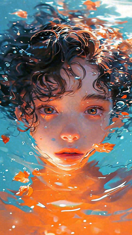 阳光泳池游泳人物男女，金鱼水面海上，反光色彩摄影图