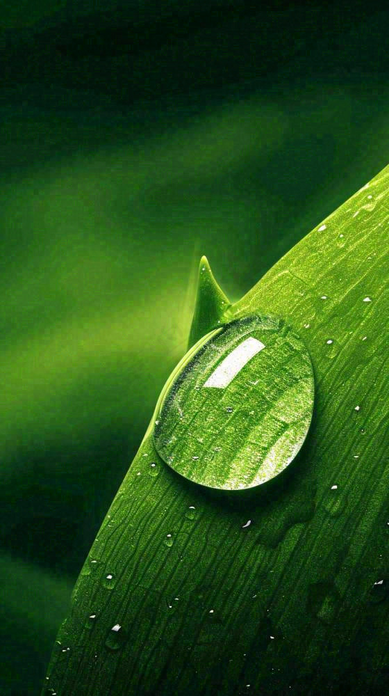 春天树叶草叶上晶莹剔透的水珠，雨水摄影图