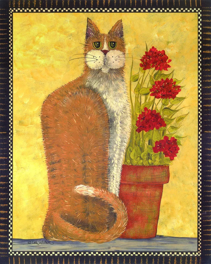 花卉盆栽猫高清油画