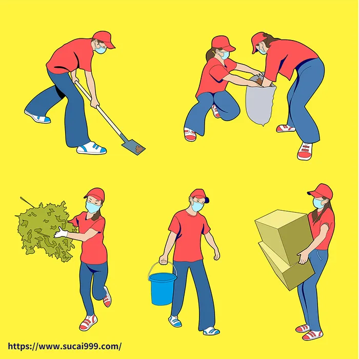 环保志愿者清扫卫生扁平风劳动节人物插画海报展板