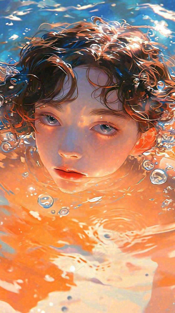 阳光泳池游泳人物男女，金鱼水面海上，反光色彩摄影图