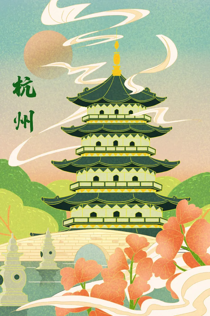 中国风国潮古建筑地标城市古风建筑阁楼印象地标手绘插画psd素材psd