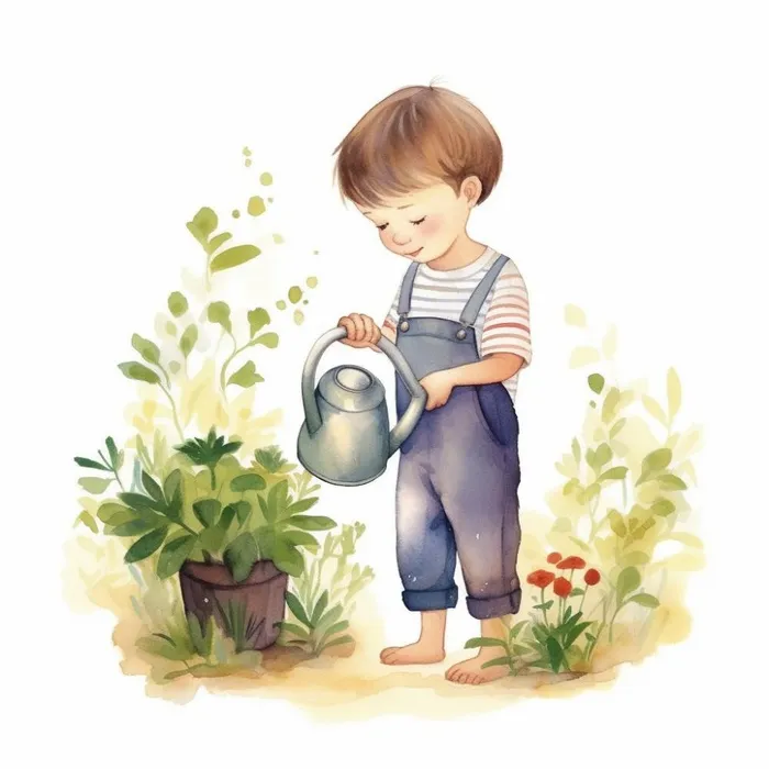 春夏小男孩在给绿植植物浇水插画海报素材背景