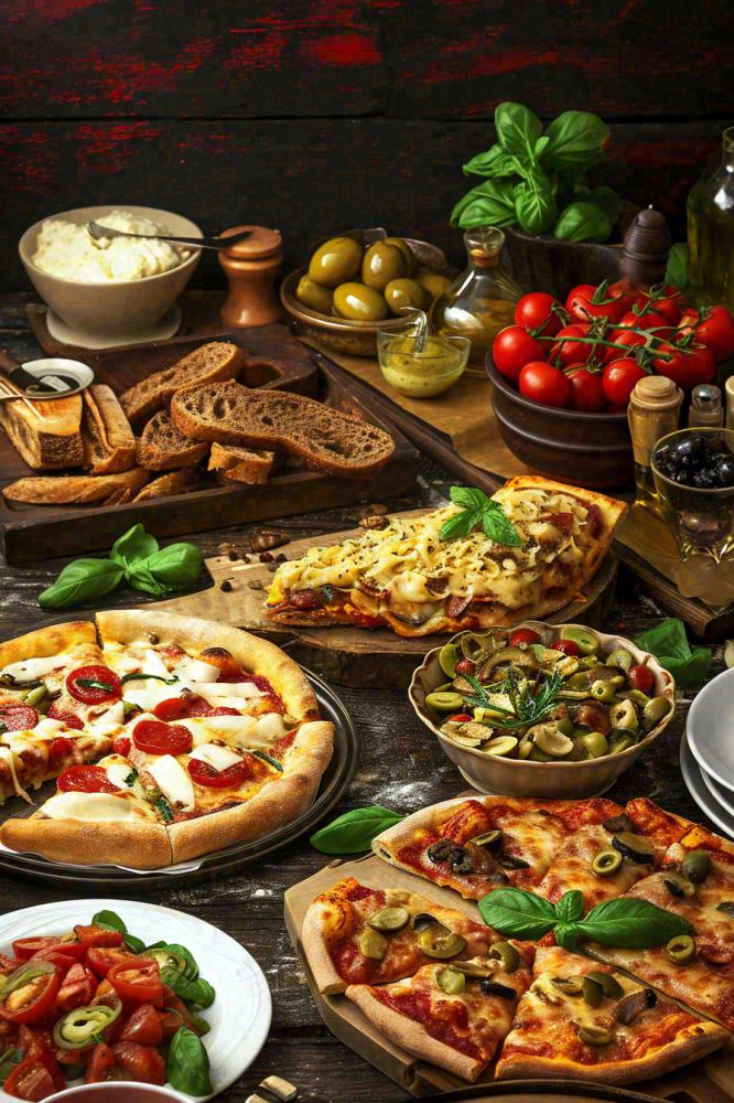 美食餐桌餐厅，烤肉披萨西餐水果红酒摄影图