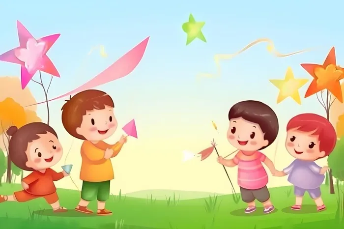 儿童在草坪上玩耍彩虹天空卡通背景