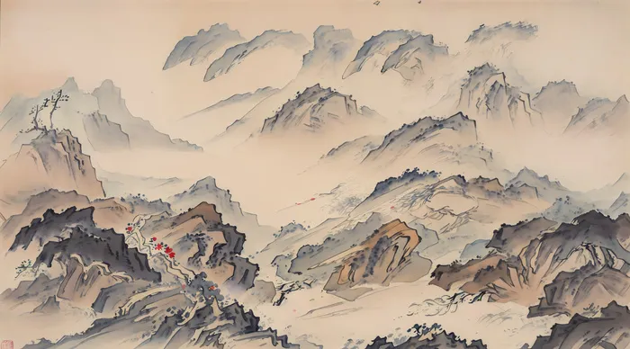 大气写意中国传统工笔画山水插画壁纸-玄石
