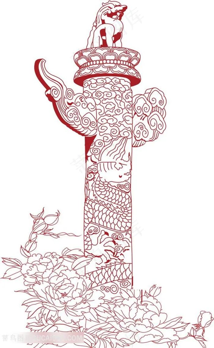 线绘华表牡丹花中国风图案