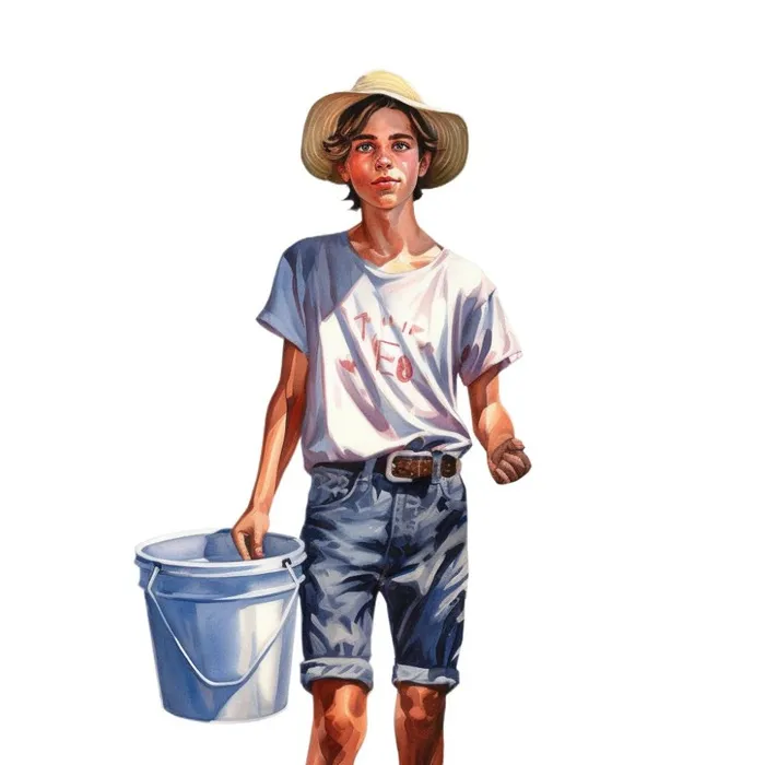 小男孩拿着水壶水桶浇水绿植草人物插画免抠