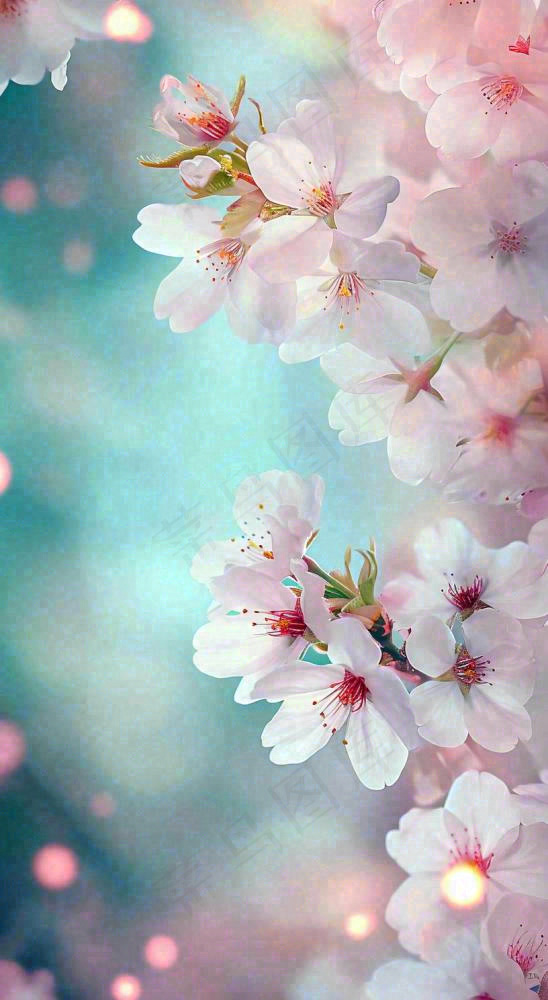 春天枝条上开满花朵，春分摄影图