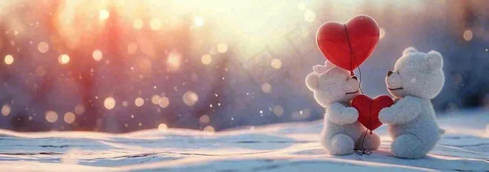 冬天雪地落日下爱情小熊，浪漫雪花情人节520爱情气球摄影图