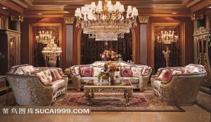 欧式华丽古典水晶灯真皮沙发家居室内设计高清摄影图