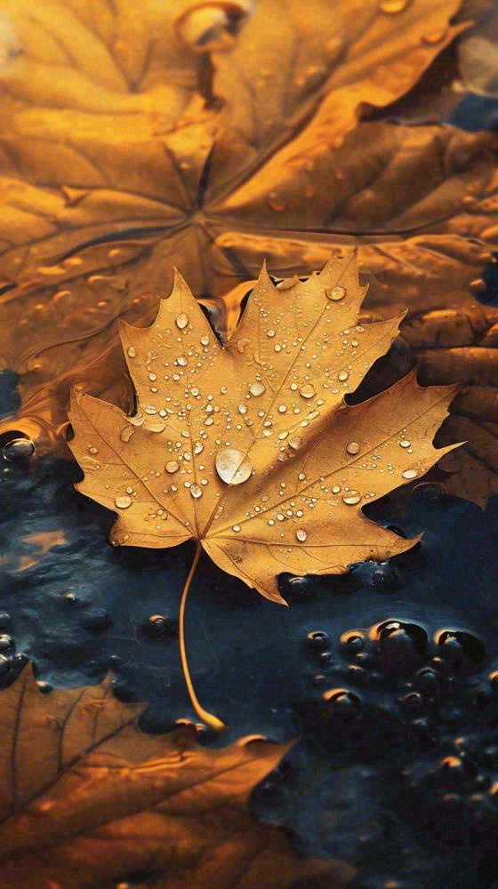 秋天黄色秋叶落叶雨天特写故事感，秋分立秋摄影图