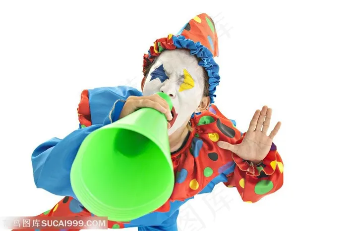 游乐园广告元素 夸张表情拿着喇叭呼喊的小丑表演