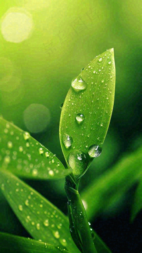 夏天绿植叶子露珠萌芽清新，雨水白露谷雨摄影图