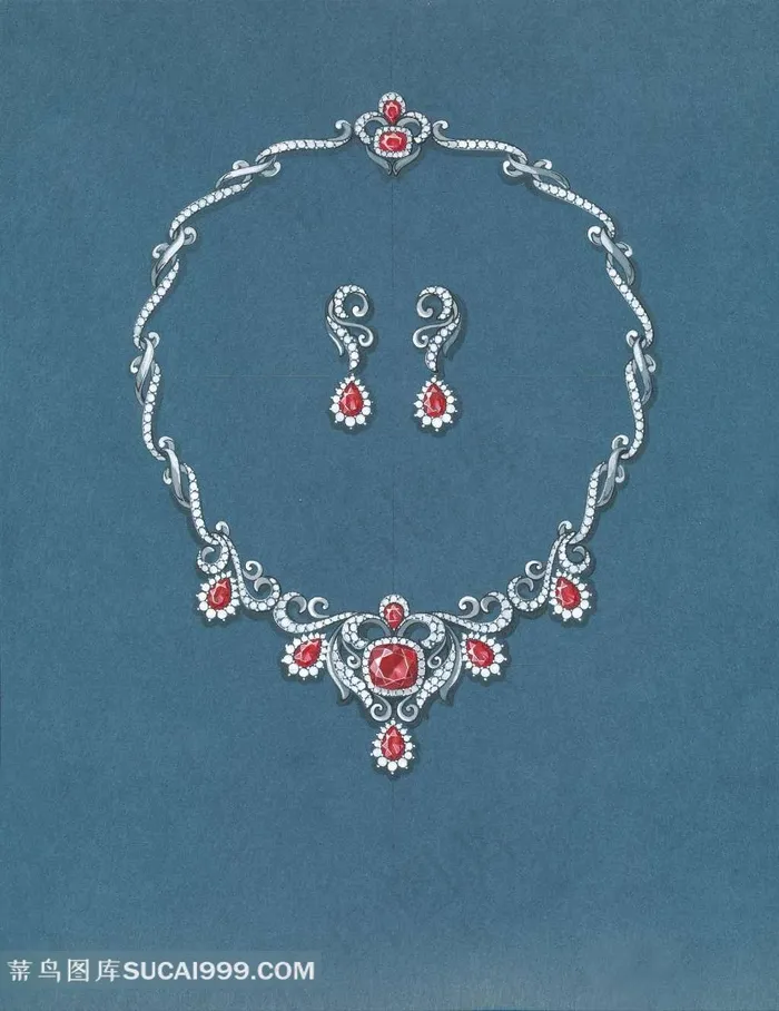 珠宝手绘图红宝石项链