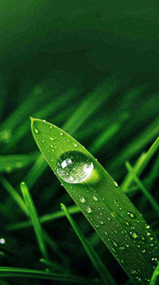 春天树叶草叶上晶莹剔透的水珠，雨水摄影图