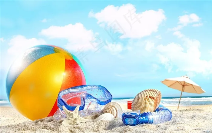 沙滩球贝壳海景风景画