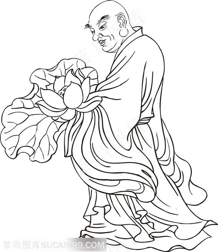 拿着大朵莲花荷花的僧人罗汉线描矢量PNG绘画图片