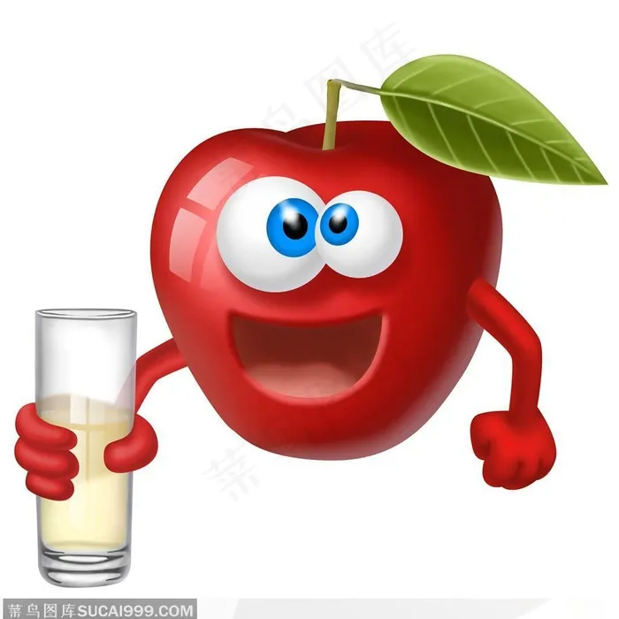 有趣的苹果卡通水果形象手拿装有苹果汁的玻璃杯
