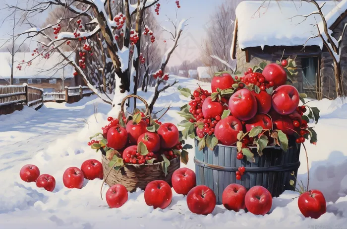 雪地里的红苹果卡通插画素材