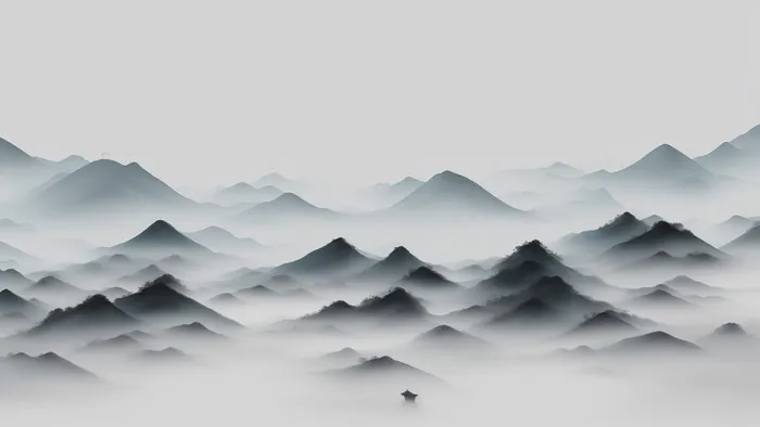 大气写意中国传统水墨画山水插画壁纸-沟壑