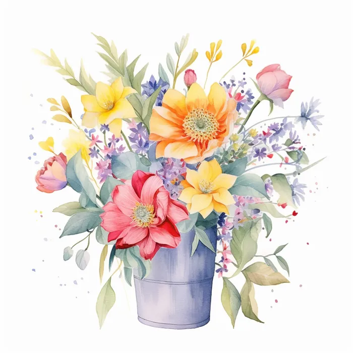 铁桶装的花束鲜花彩色水彩画插画