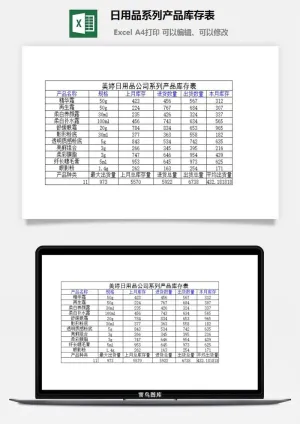 日用品系列产品库存表excel模板预览图
