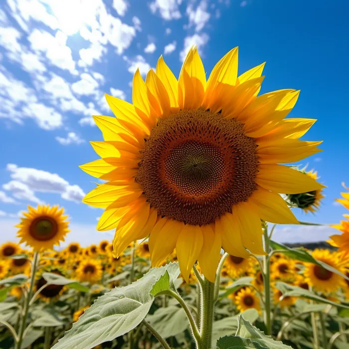 晴天的向日葵田的照片明亮的颜色，黄色向日葵摄影图