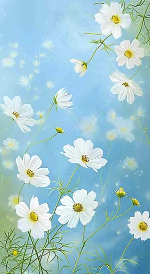 春天清新白色花朵温馨，蓝色朦胧，立春惊蛰春分摄影图